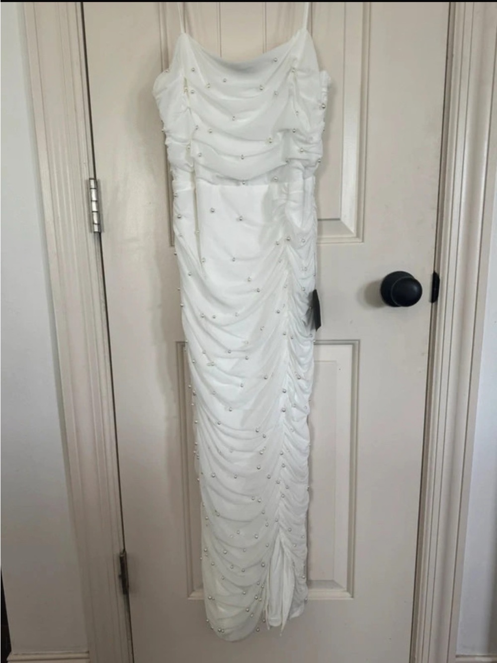 Lulu's White Strapless Ruched Pearl-Embellished Slip Dress